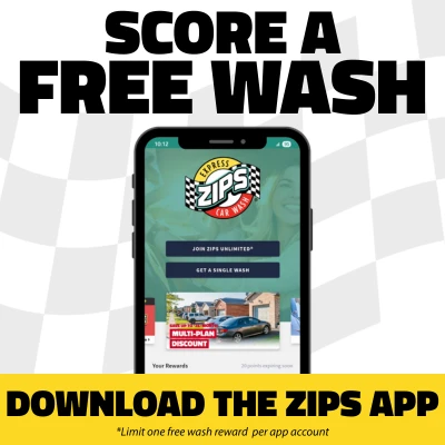Screenshot of ZIPS app "Score a Free Wash. Download the ZIPS App. *Limit one free wash reward per app account."