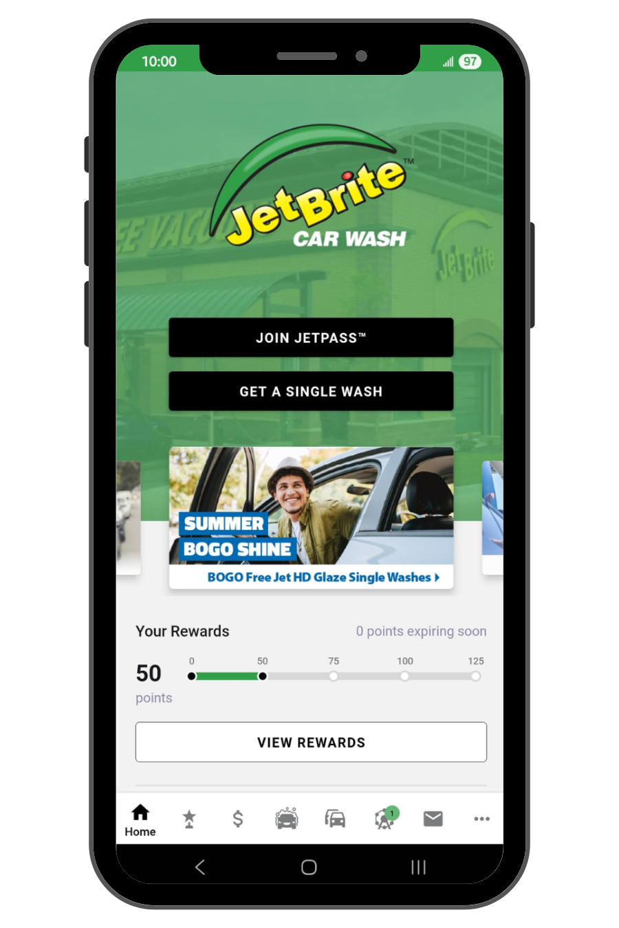 Jet Brite Car Wash mobile app screenshot featuring rewards points and offers