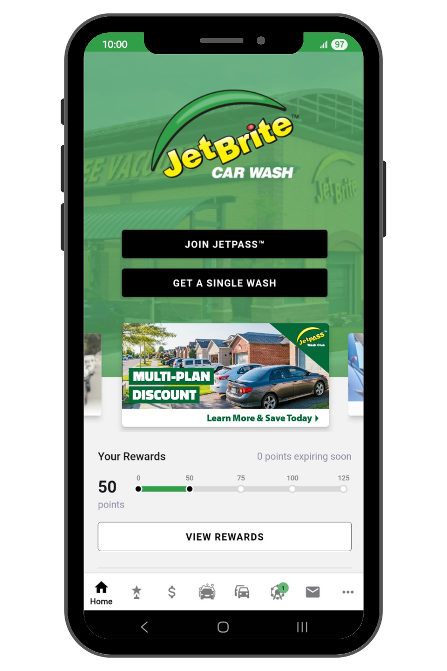 Jet Brite Car Wash mobile app screenshot featuring rewards points and offers