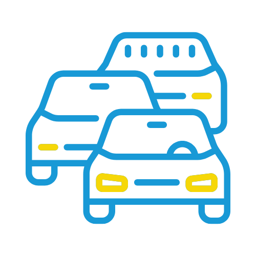 Rocket Express Car Wash brand blue and yellow graphic of three cars in a staggered line