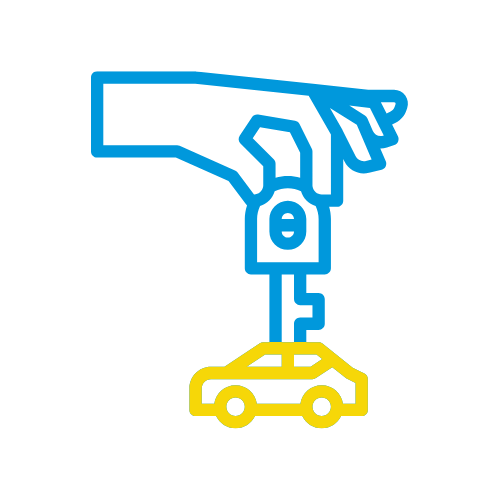 Rocket Express Car Wash brand blue and yellow graphic hand holding key above a car