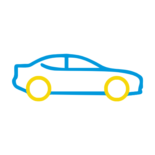 Rocket Express Car Wash brand blue and yellow graphic car viewed from side