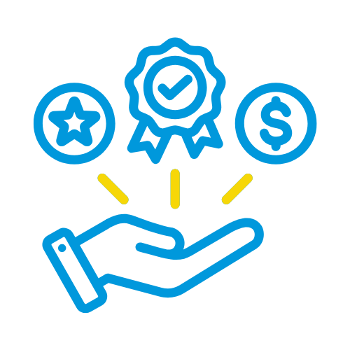 Rocket Express Car Wash brand blue and yellow graphic hand with icons of rewards floating above