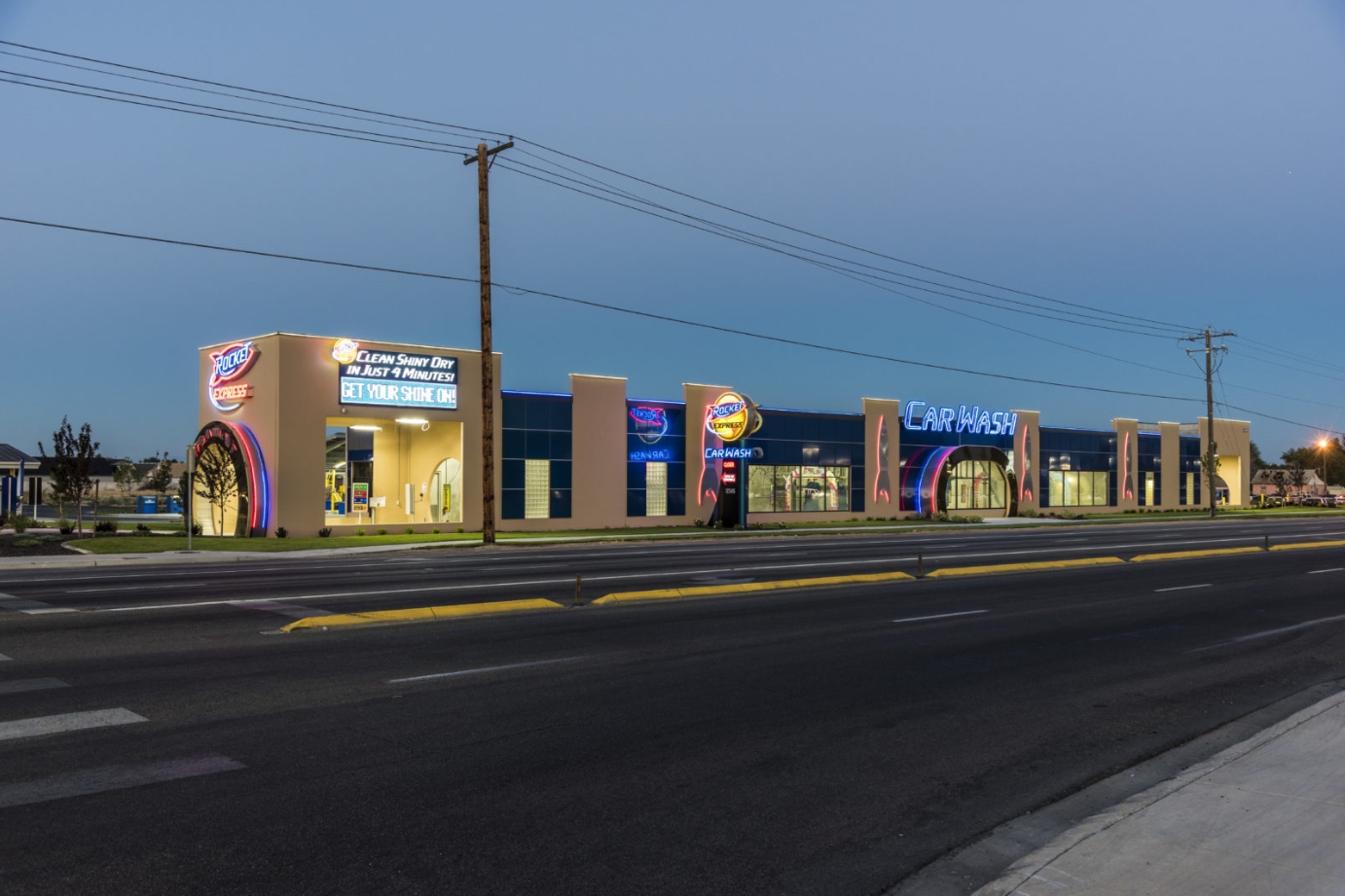 Exterior shot of the Rocket Express Car Wash tunnel