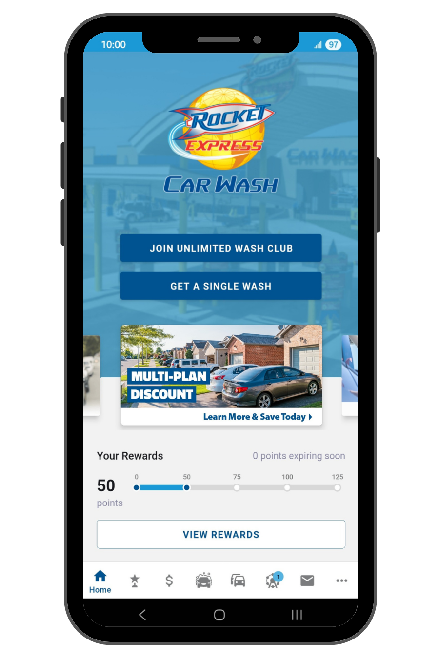 Rocket Express Car Wash mobile app screenshot featuring rewards points and offers