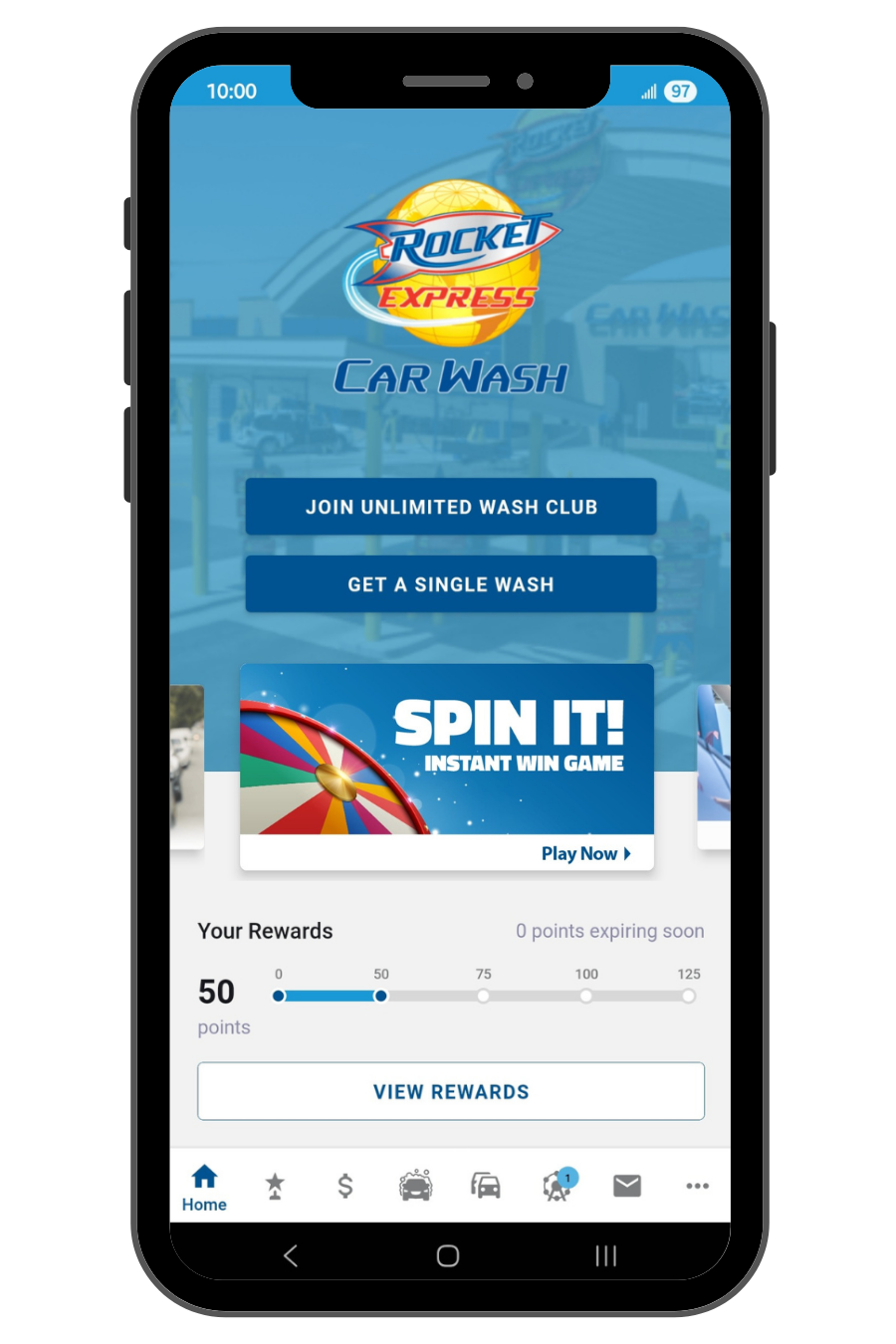 Rocket Express Car Wash mobile app screenshot featuring rewards points and offers