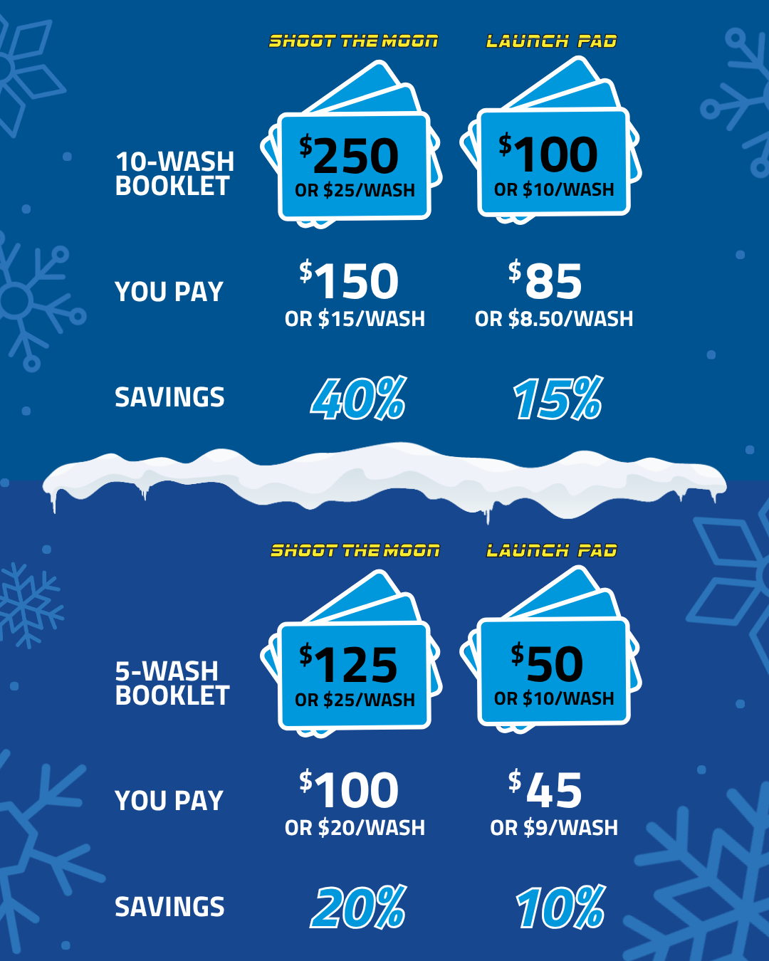 Holiday discount pricing of Rocket Express Car Wash Wash Books. 10-Wash Shoot the Moon Booklets are 40% off and 5-Wash Shoot the Moon Booklets are 20% off. 10-Wash Launch Pad Booklets are 15% off and 5-Wash Launch Pad Booklets are 10% off.